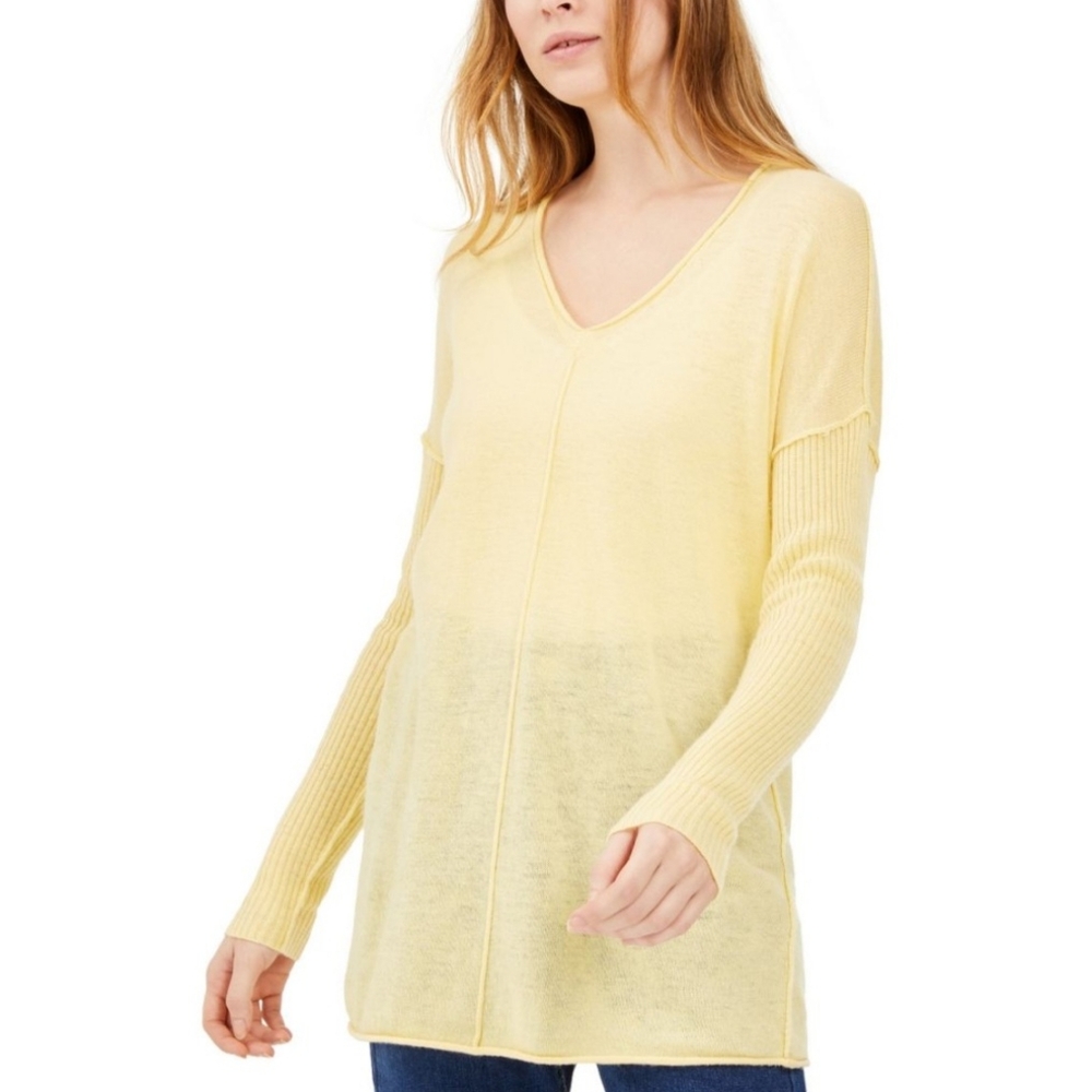 INC Women's Yellow Cashmere Blend Ribbed Long Sleeve V-Neck Sweater Top